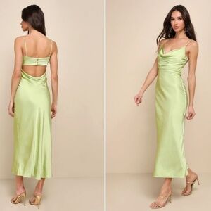 Lulu's Light Green Satin Cowl Neck Midi Dress Wedding